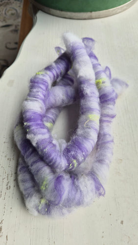 Rolags purple, white with yellow pops silk noil