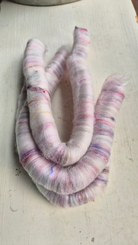 Rolags white with multi-colored silk sari waste