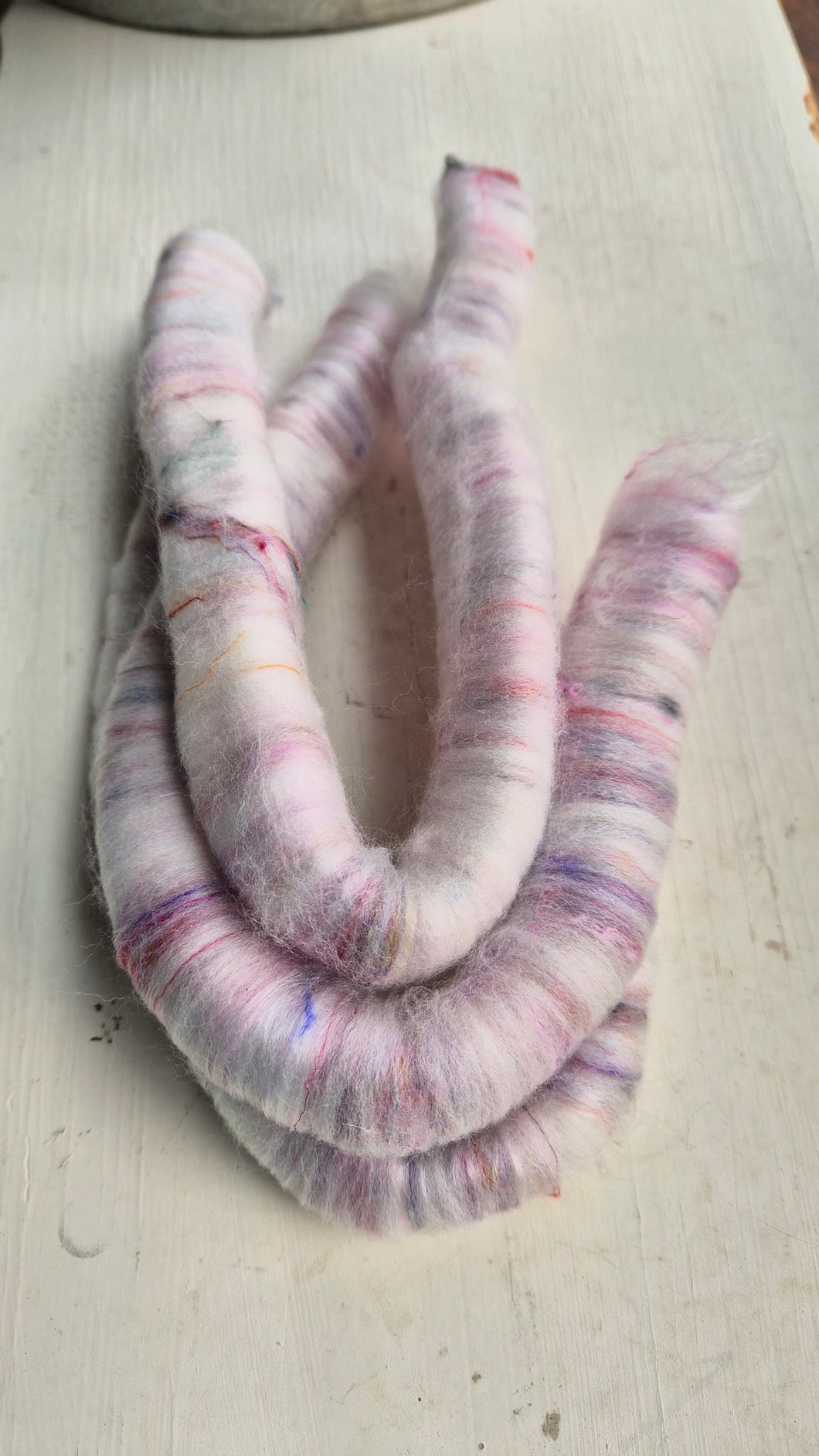 Rolags white with multi-colored silk sari waste